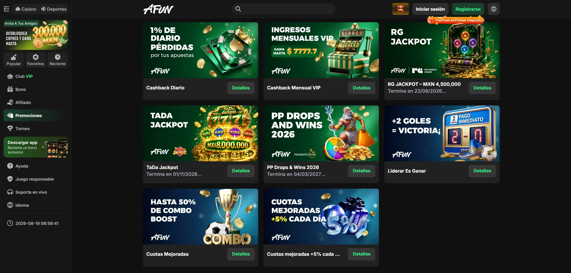 Slots populares y juegos en vivo en AFUN Casino