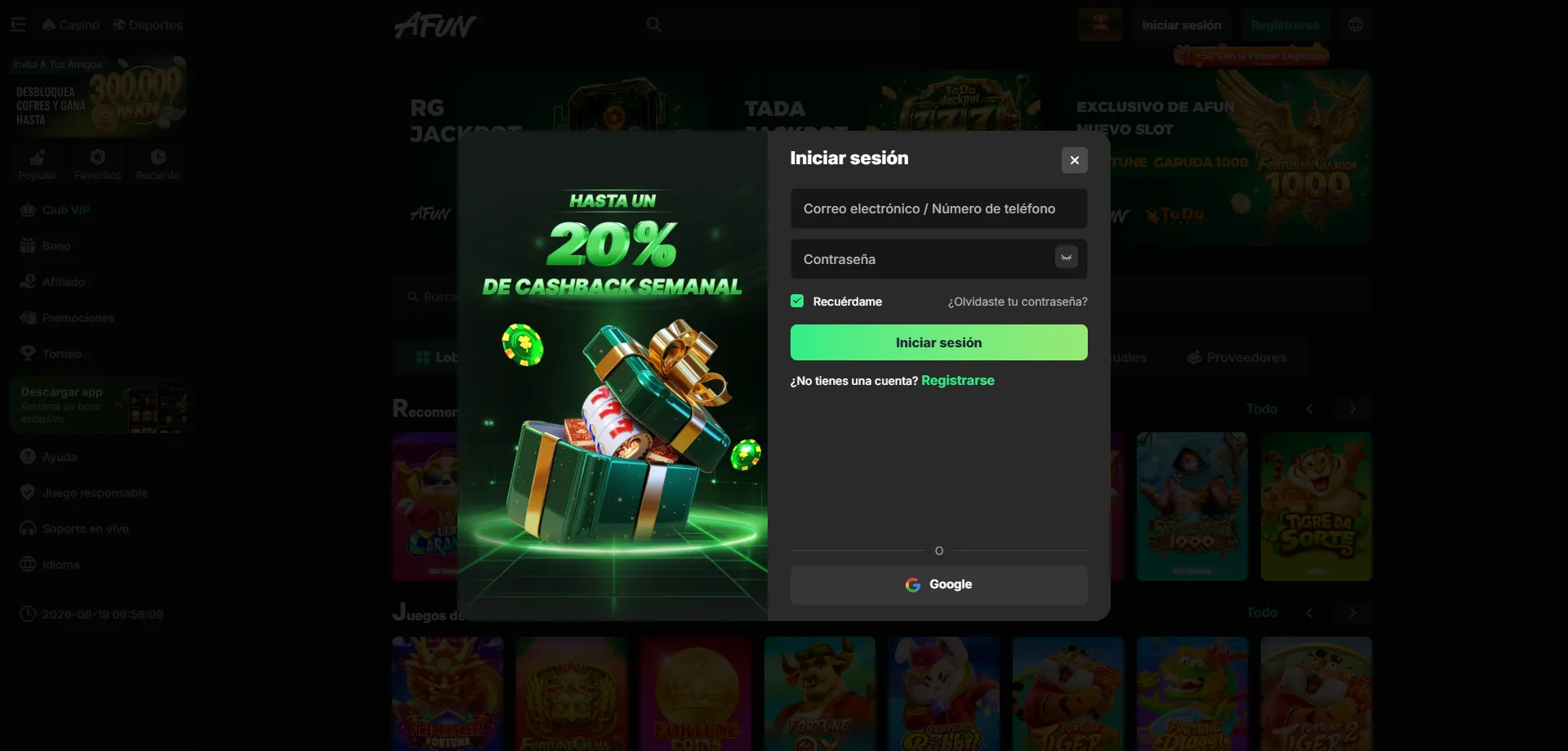 Pantalla de inicio de sesión en AFUN Casino México